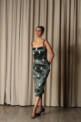 Green Hand Embroidered Satin Midi Dress