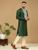 Forest Green Embroidered Silk Kurta Set