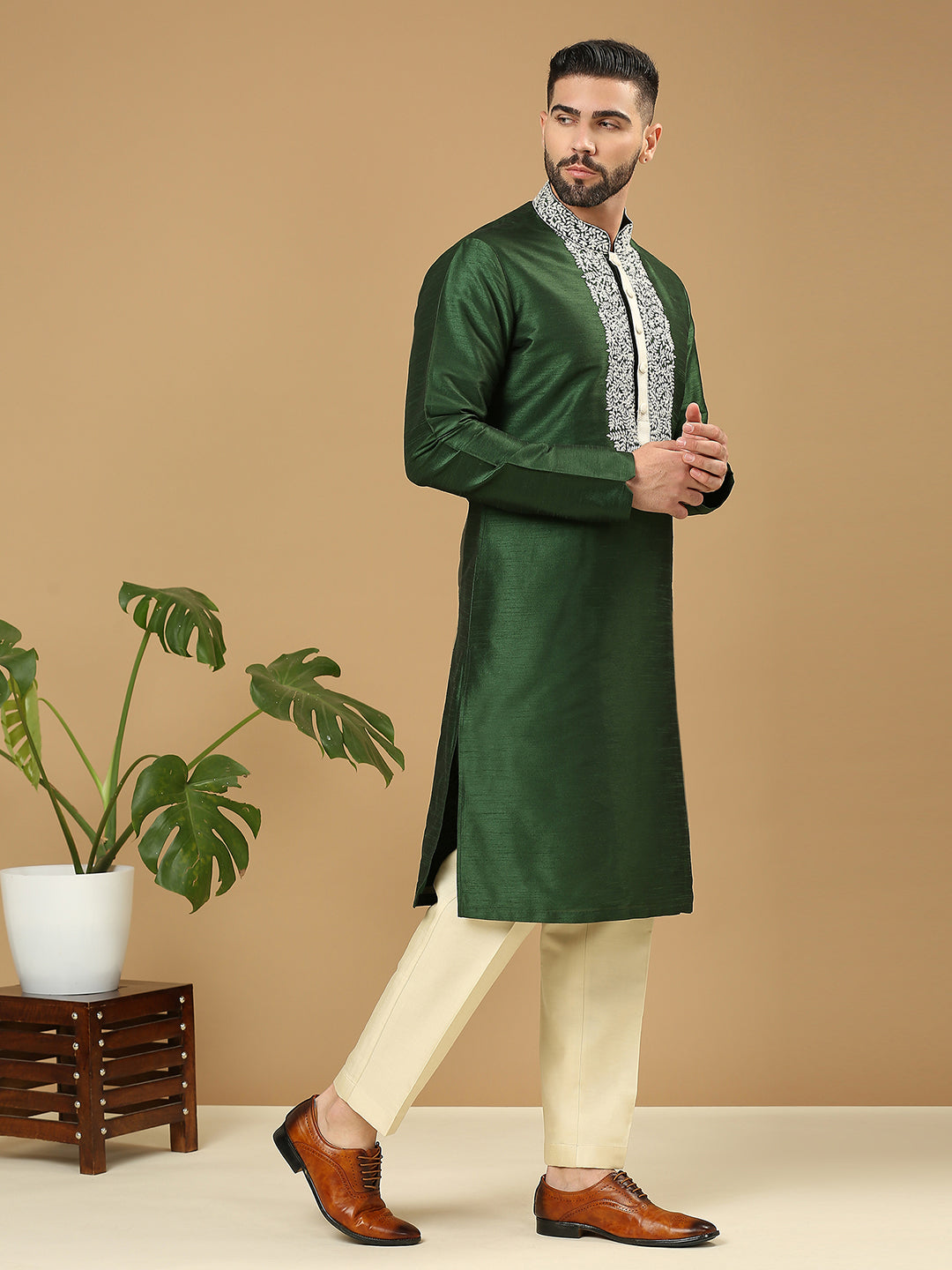 Forest Green Embroidered Silk Kurta Set