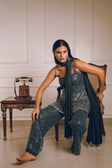 Dark Grey Blue Embroidered Kurta Pants Set