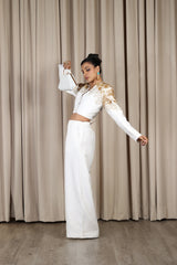 White Hand Enbroidered Dupion Silk Blazer And Pants