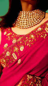 Pink Hand Embroidered Saree Organza And Matching Floral Embroidered Blouse