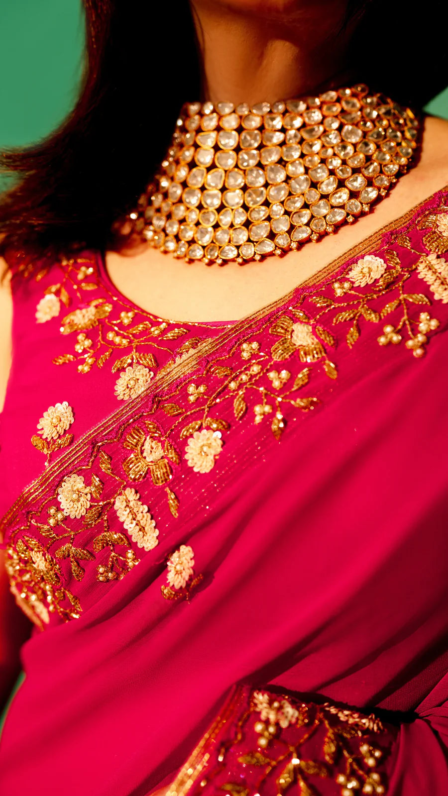 Pink Hand Embroidered Saree Organza And Matching Floral Embroidered Blouse