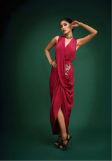 Maroon Hand Embroidered Crepe Drape Dress With Belt