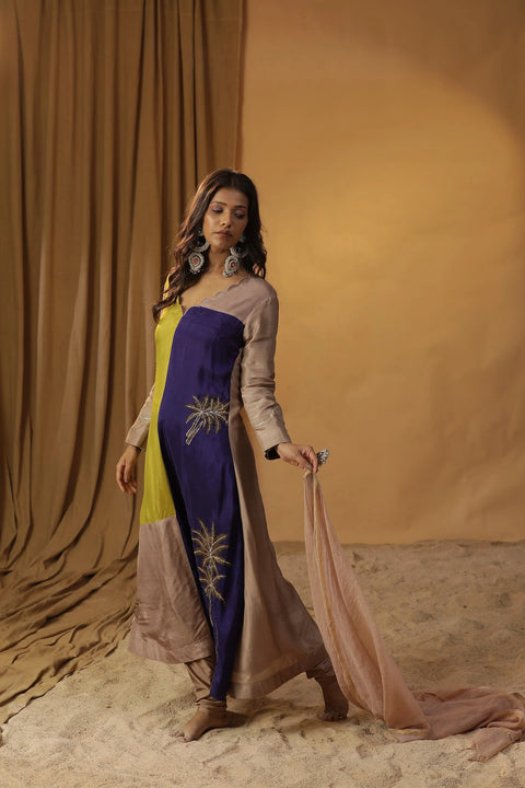 Blue Block Print Leopard Scarf Suit Set