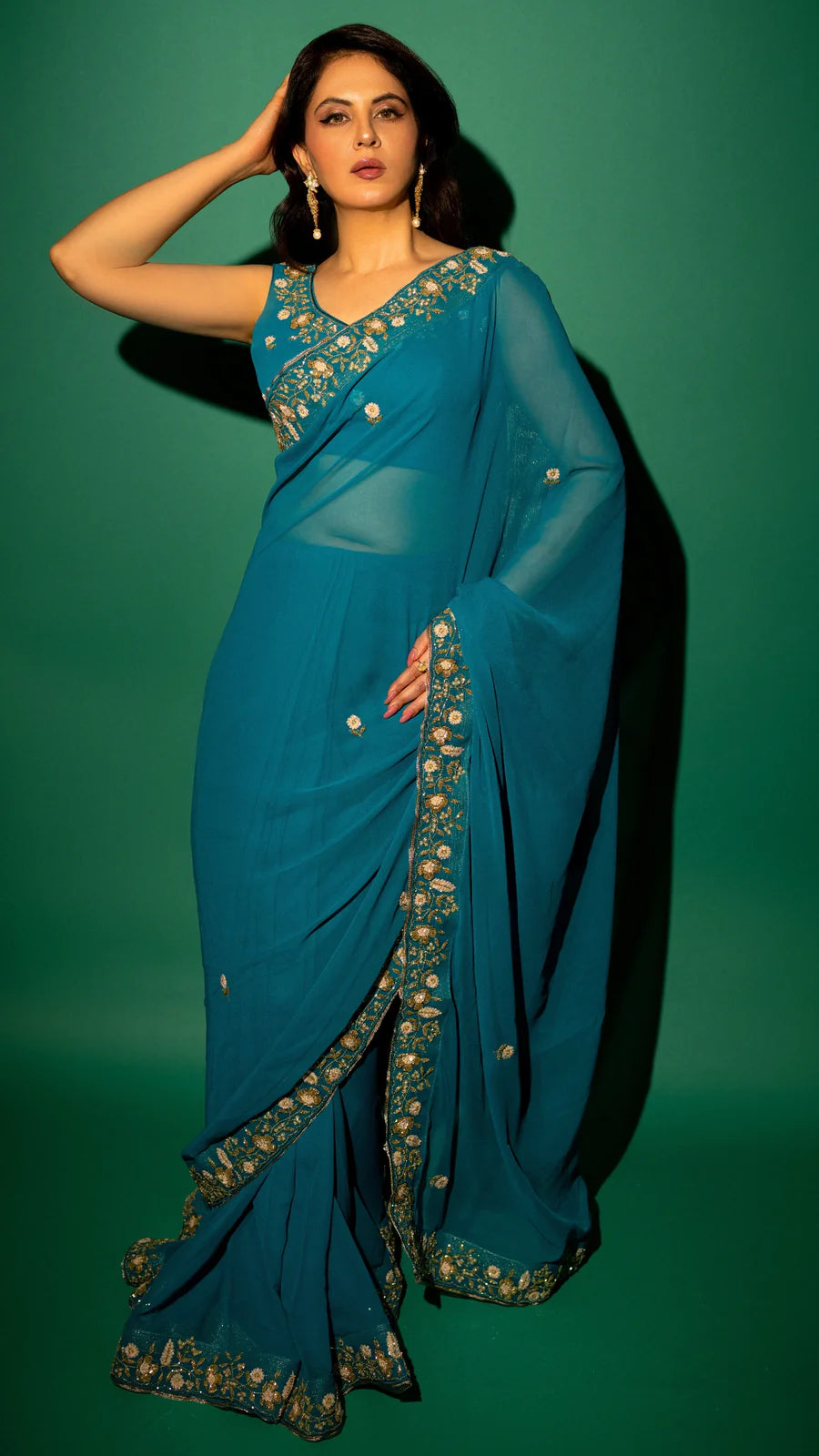 Peacock Blue  Hand Embroidered Saree Organza And Matching Floral Embroidered Blouse