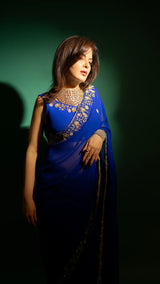 Navy Blue Hand Embroidered Saree Organza And Matching Floral Embroidered Blouse