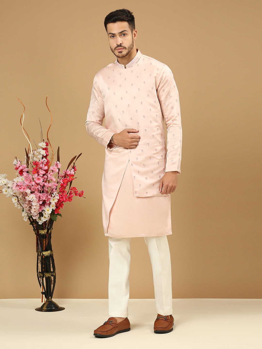Pink Drape Cross Kurta Silk Set