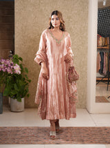 Taraash-Peach Tissue Embroided Anarkali Suit Set