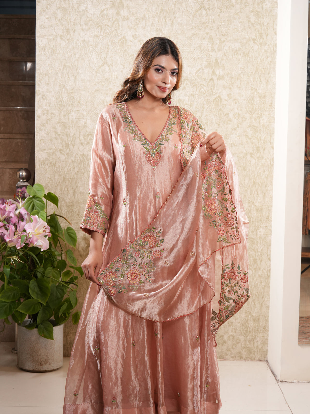 Taraash-Peach Tissue Embroided Anarkali Suit Set