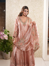 Taraash-Peach Tissue Embroided Anarkali Suit Set