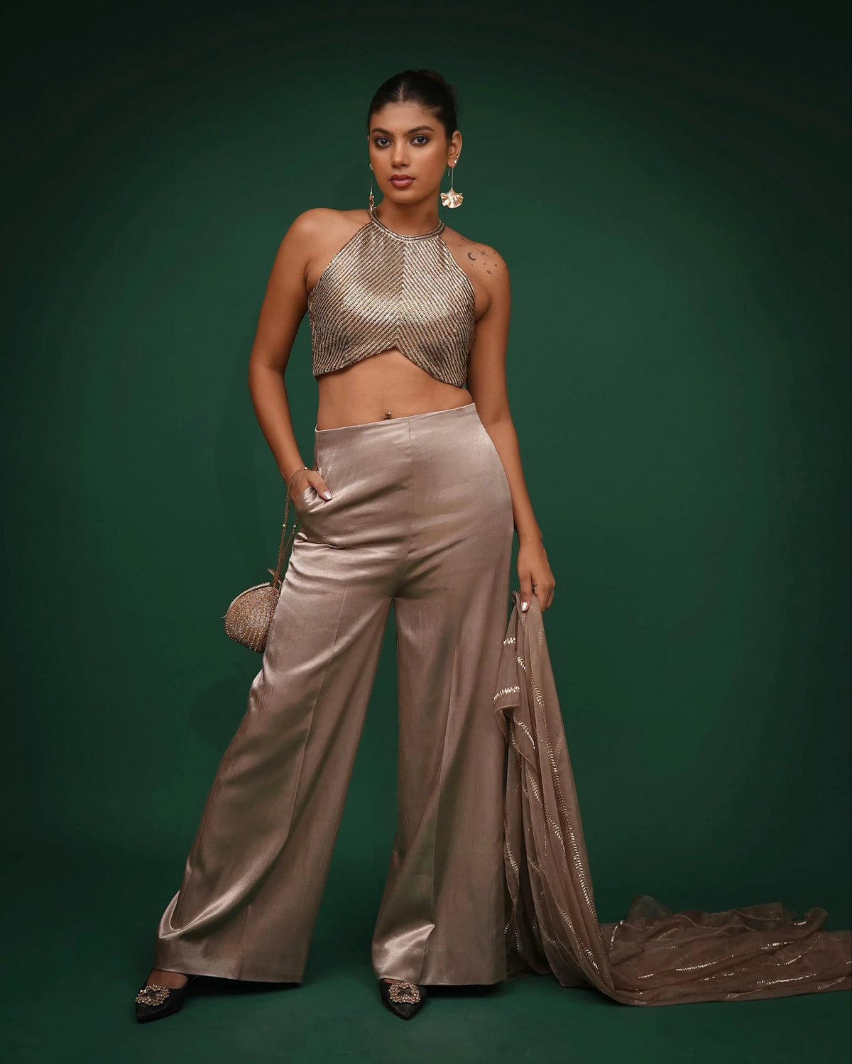 Bronze Hand Embroidered Satin Top and Pants