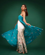 Teal Green Hand-Embroidered Cape With Sharara