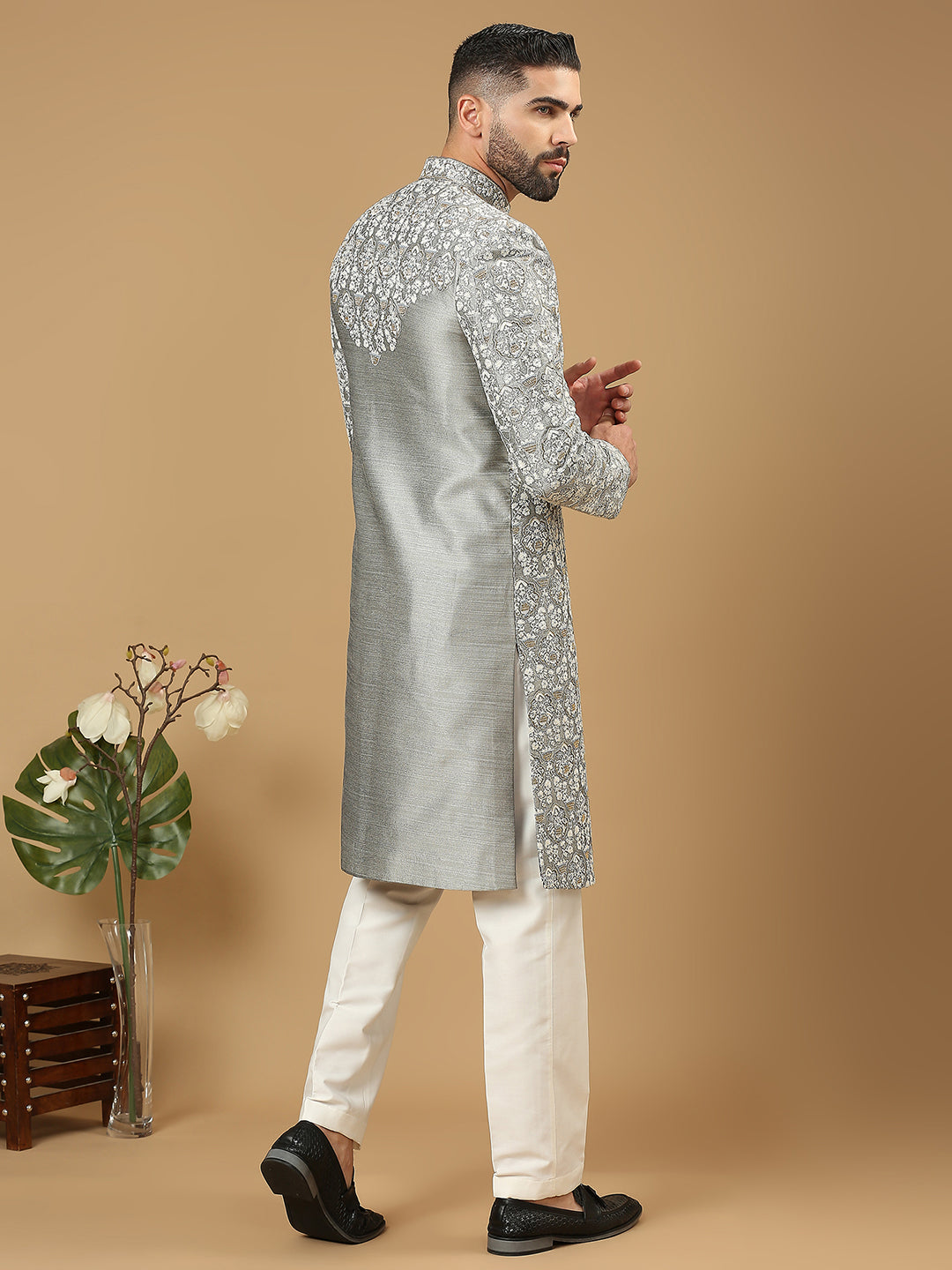 Grey Dupion Silk Embroidered Sherwani Set