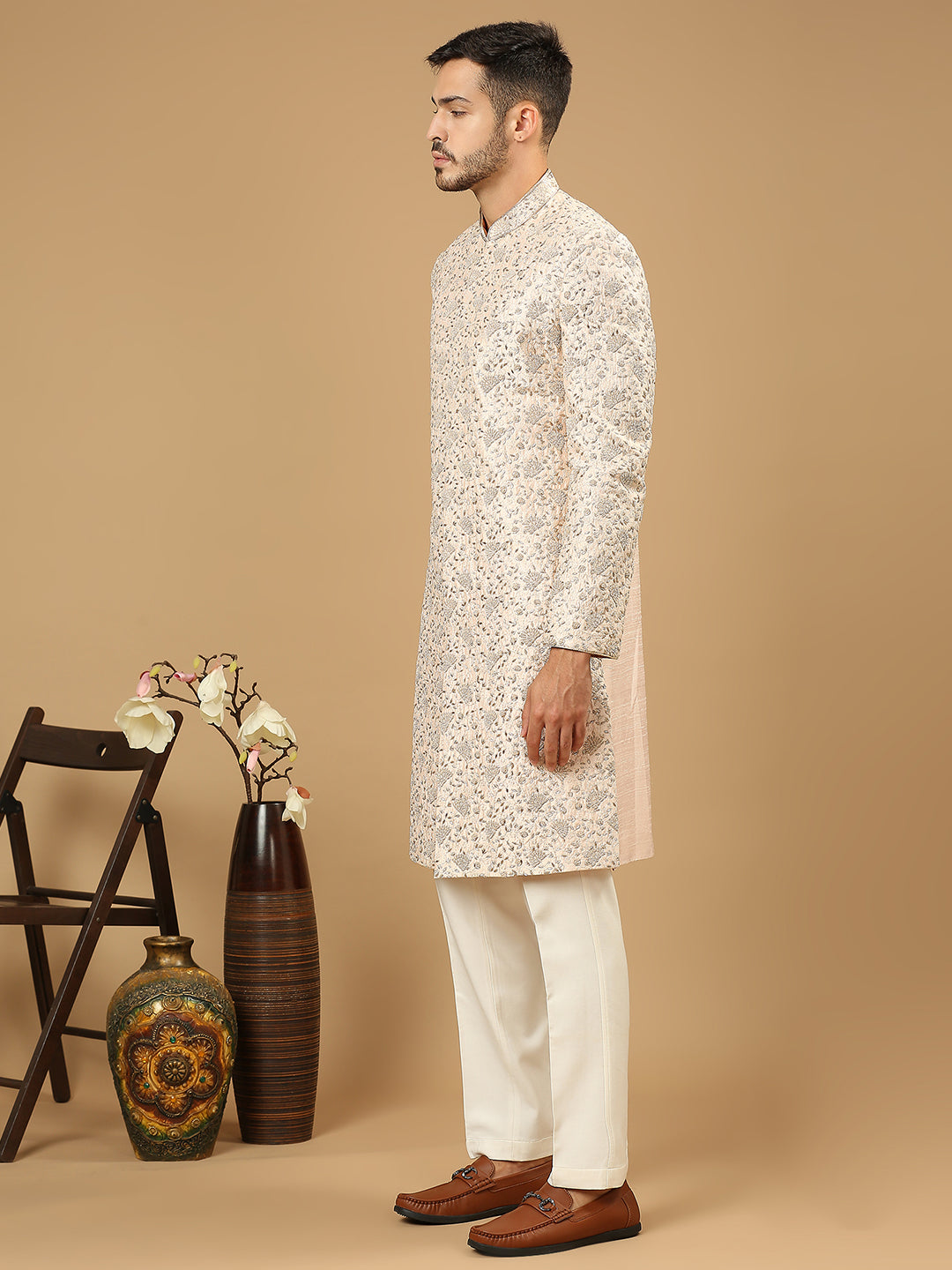 Light Pink Raw Silk Hand Embroidered & Zardosi Sherwani Set