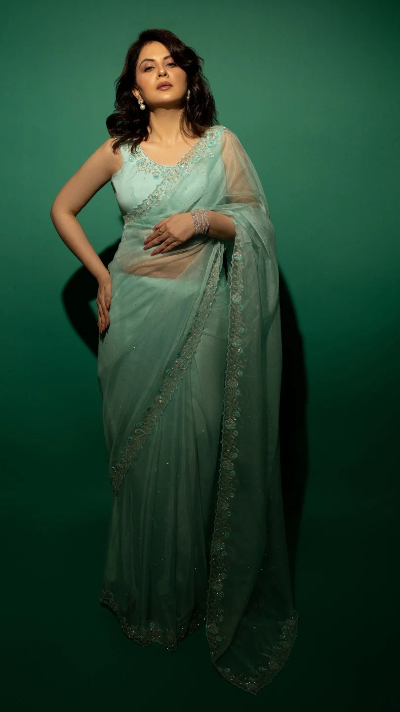 Sky Blue Hand Embroidered Saree Organza And Matching Floral Embroidered Blouse