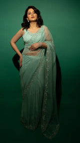 Sky Blue Hand Embroidered Saree Organza And Matching Floral Embroidered Blouse