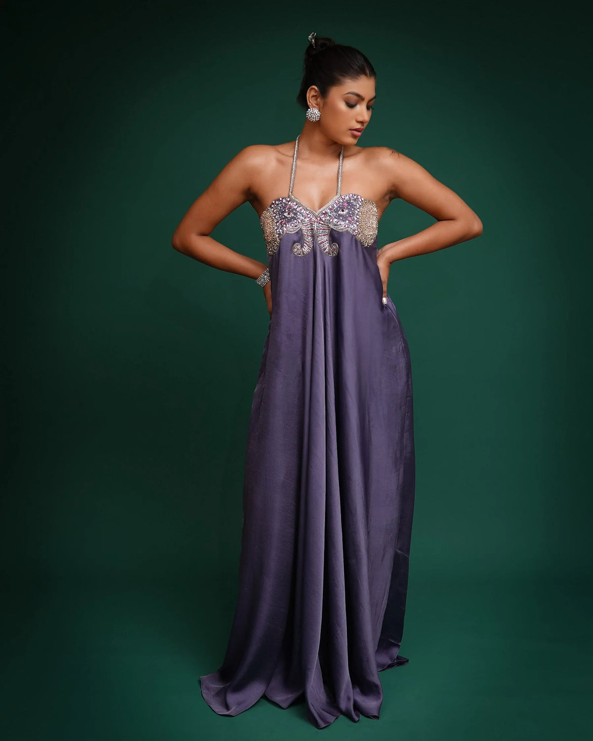 Grey Hand Embroidred Maxi Dress