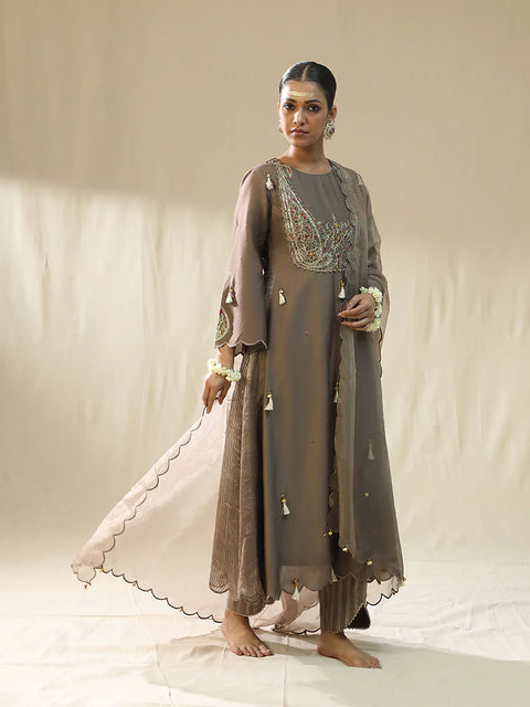 Mocha Ambi A Line Suit Set,Dori Zardozi Resham
