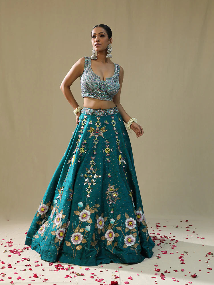 Teal Green Handpainted Lehenga Set
