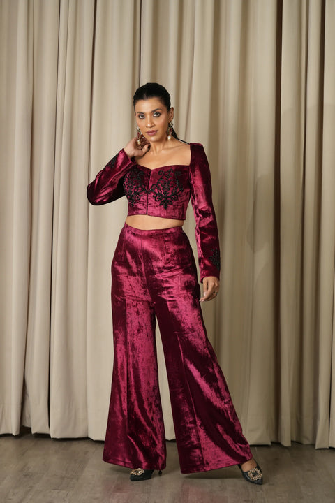 Maroon Hand Embroidered Velvet Blouse With Pants