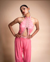 Pink Hand Embroidered Satin Jumpsuit