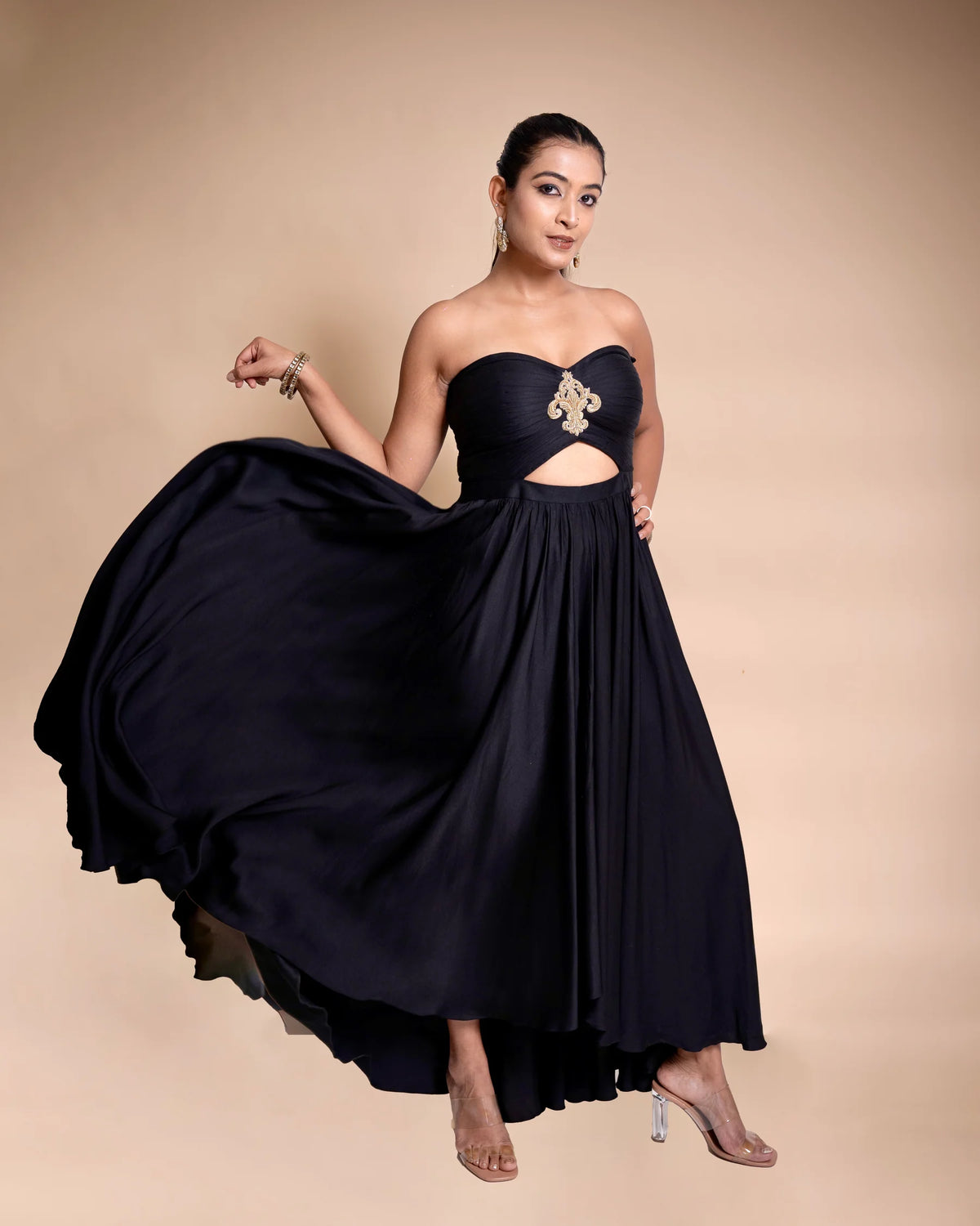 Black Hand Embroidered Satin Anarkali With Net Dupatta