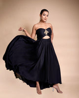 Black Hand Embroidered Satin Anarkali With Net Dupatta