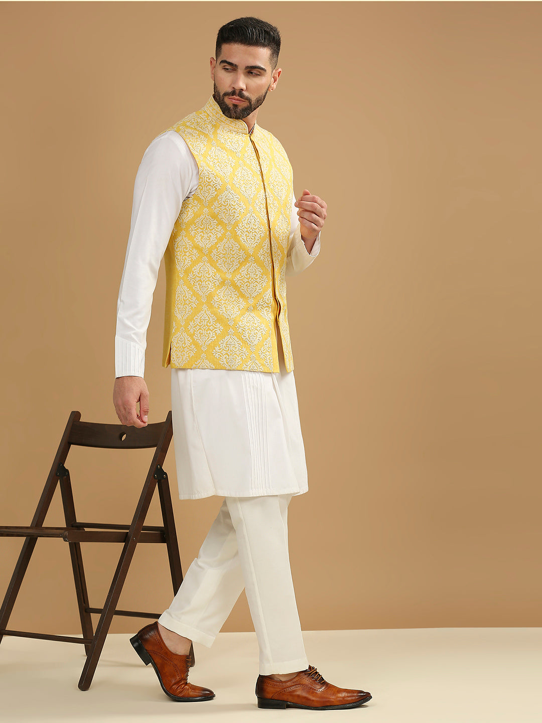 Yellow Embroidered Jacket & White Kurta Set
