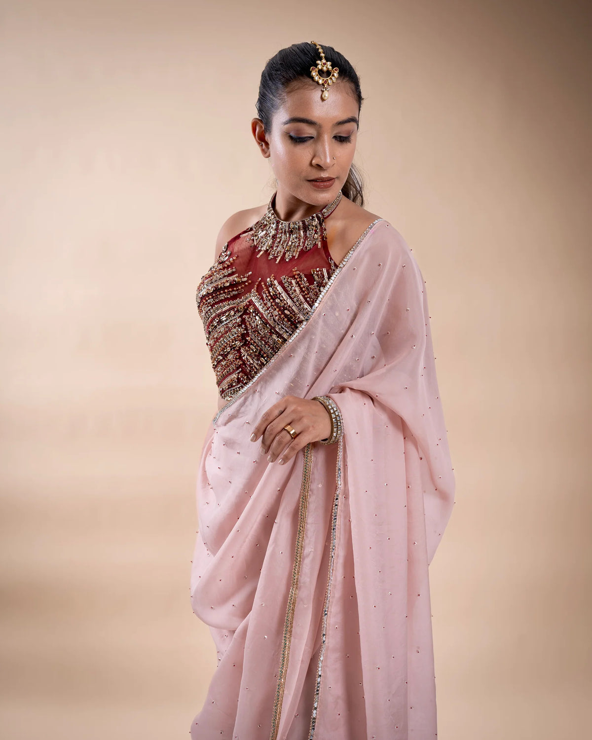 Pink And Maroon Organza Saree With Hand Embroidered Blouse