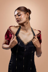 Black & Maroon Georgette Maxi Dress With Velvet Crop Jacket