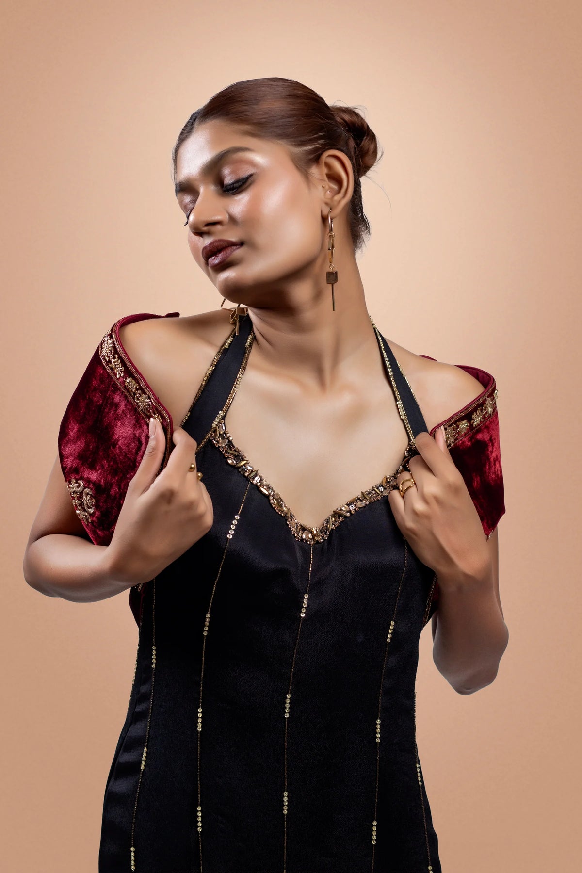 Black & Maroon Georgette Maxi Dress With Velvet Crop Jacket