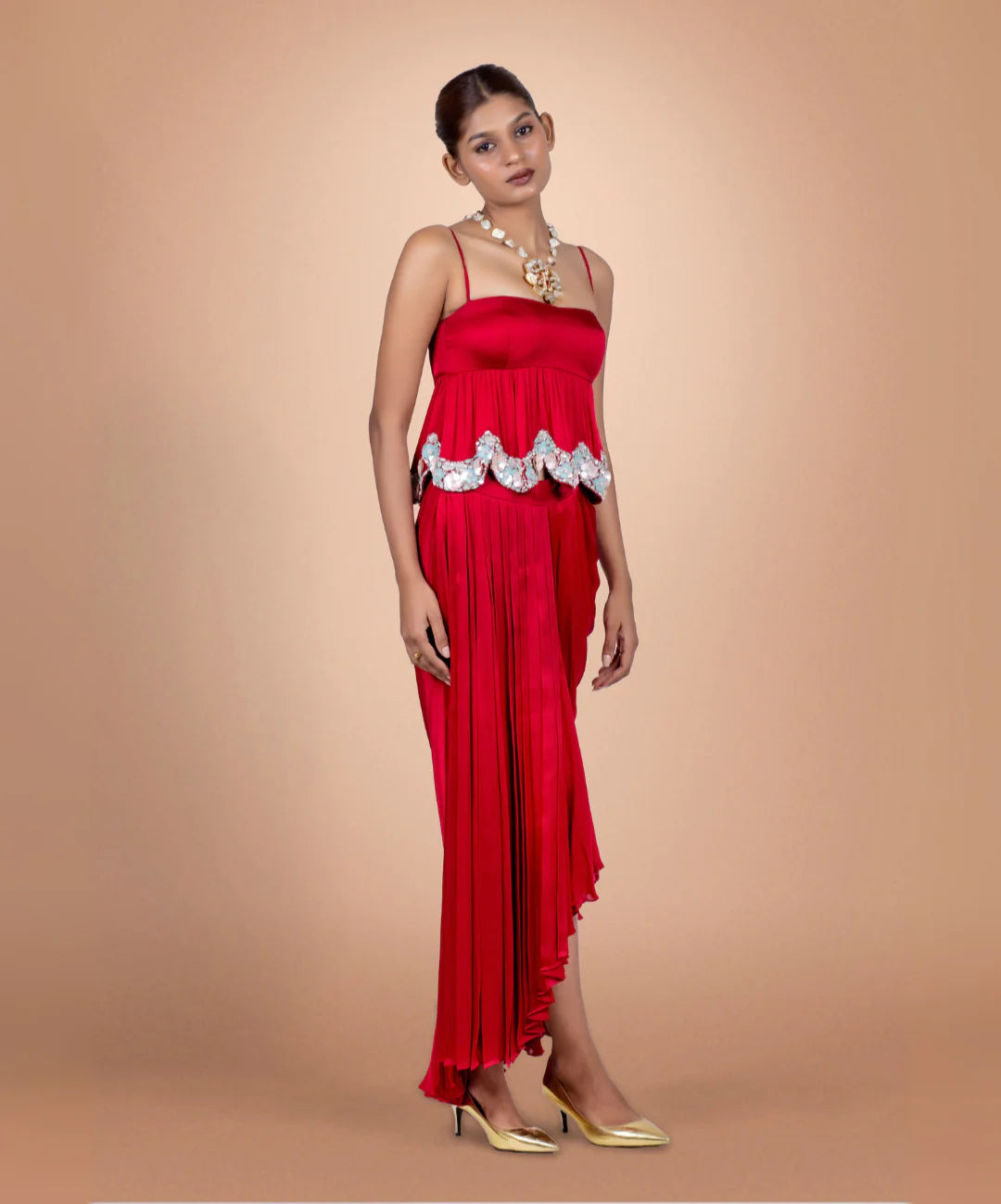 Red Hand Embroidered Satin Top And Skirt