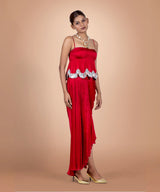 Red Hand Embroidered Satin Top And Skirt
