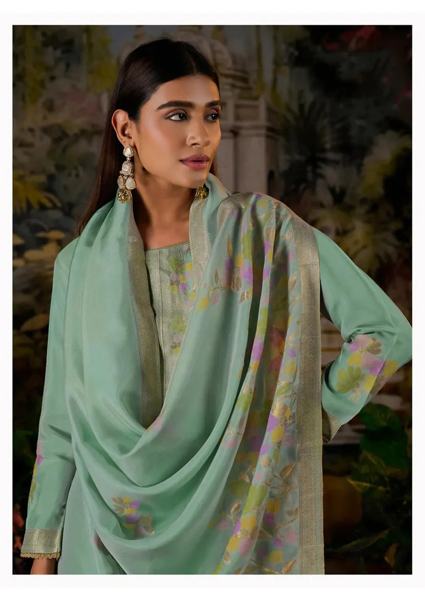 Silk Jacquard Suit With Hand Work And Zari Lace Detailing