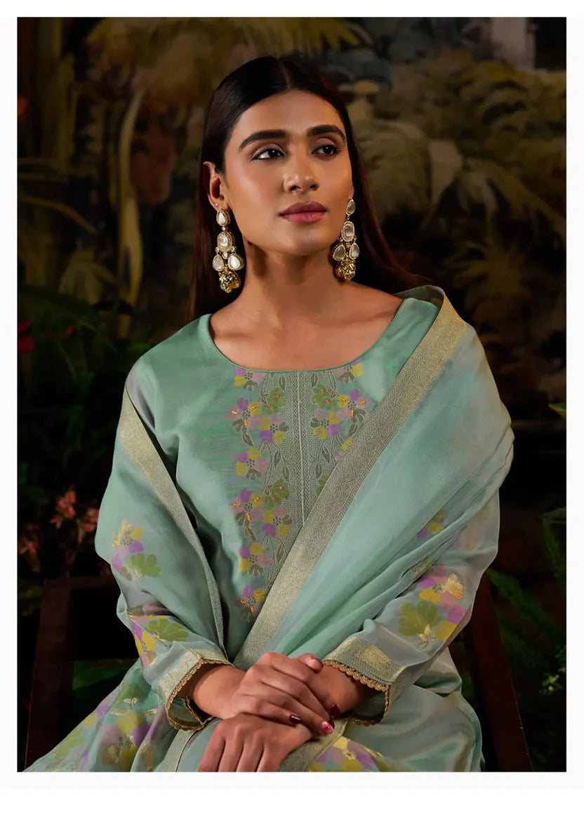 Silk Jacquard Suit With Hand Work And Zari Lace Detailing