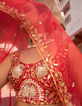 Scarlet Red Peacock Kora Silk Lehenga
