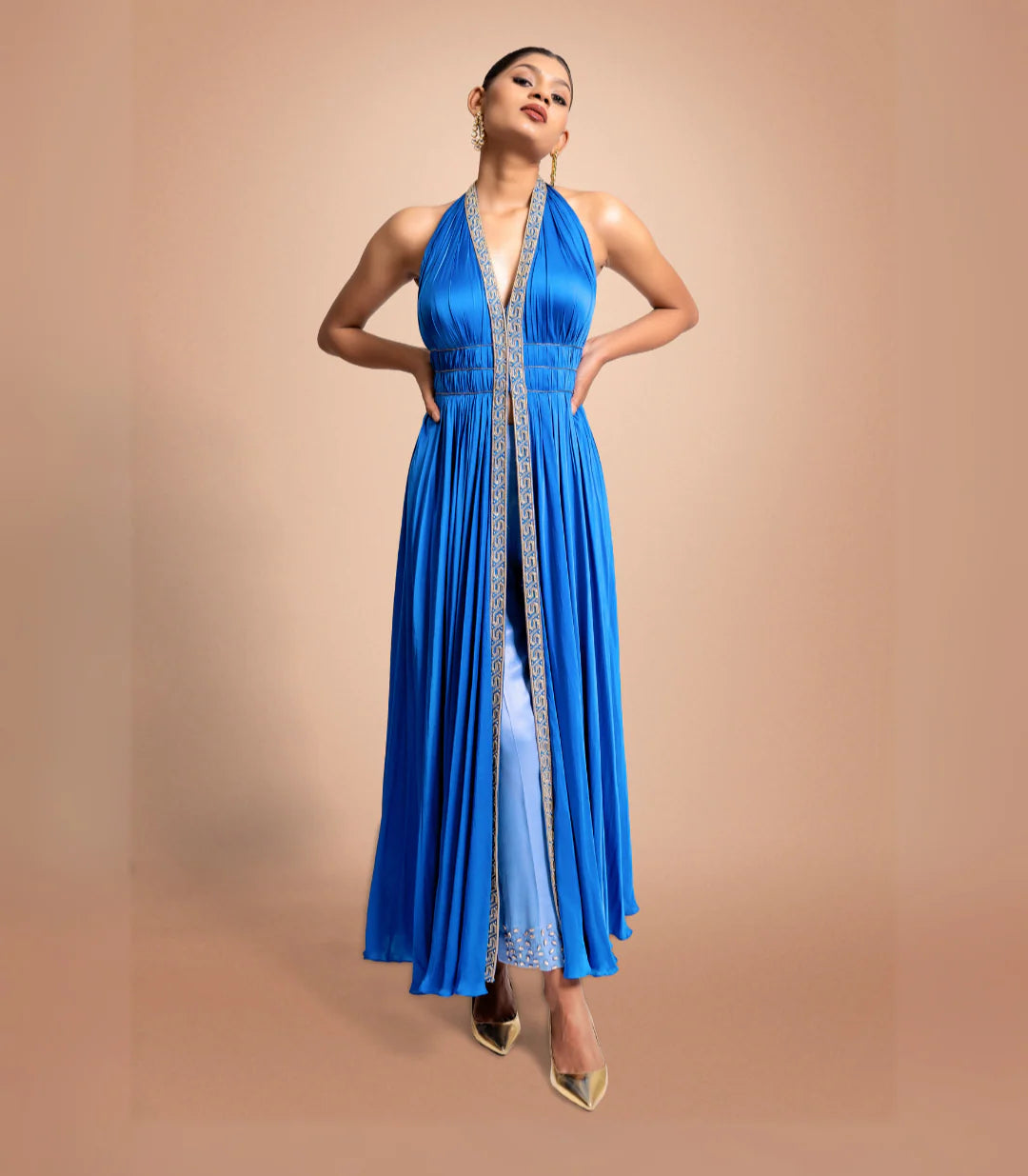 Blue Hand Embroidered Satin Cape Dress With Pants