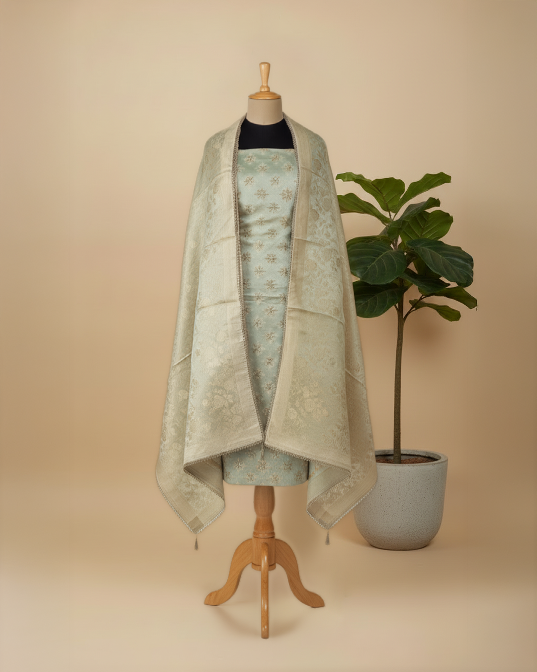 Pure Banarsi Silk Suit With Cut Dhana And Pearl Handwork