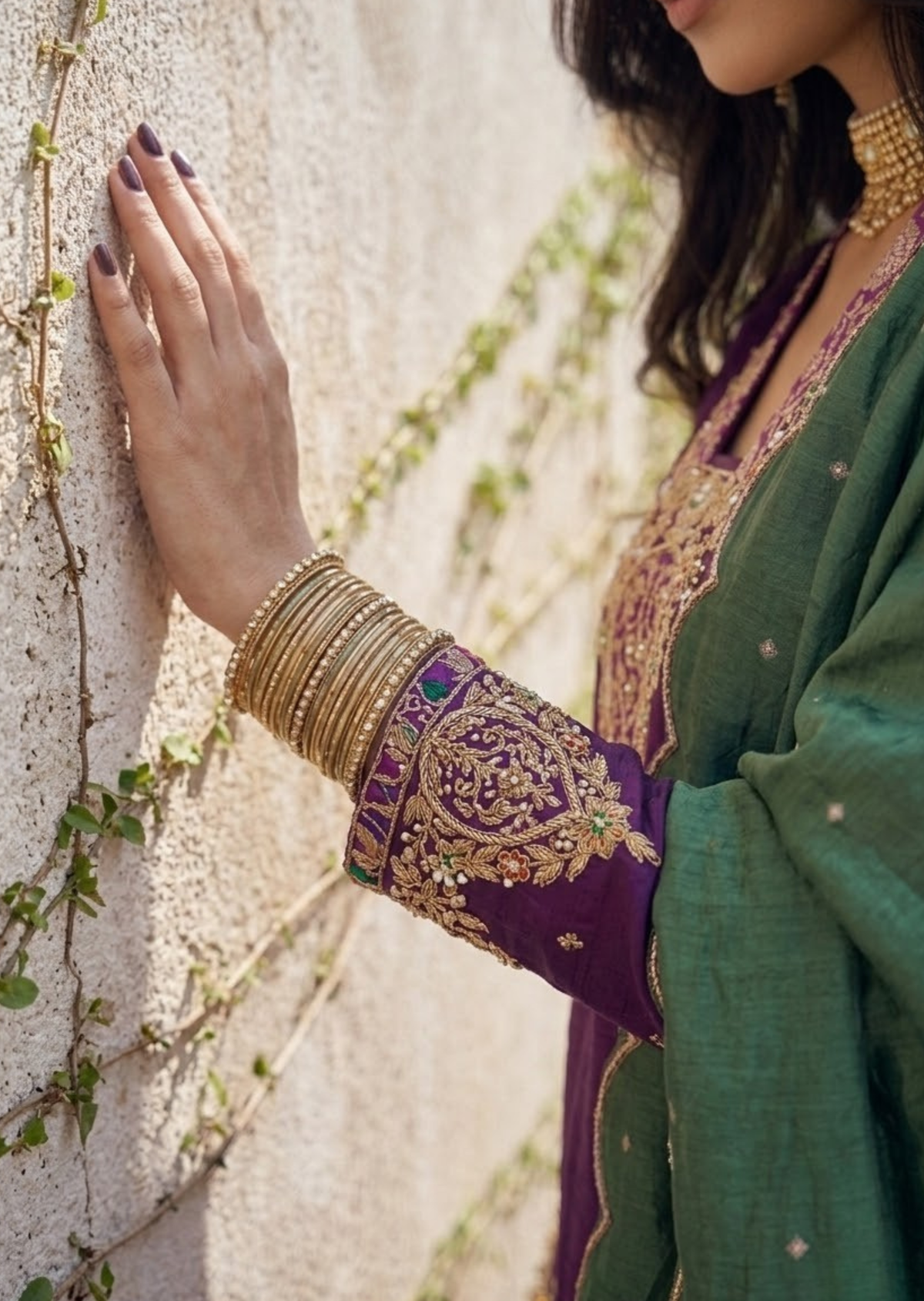 Violet & Green Appliqué Zardozi Banarasi Brocade Straight Cut Kurta Set