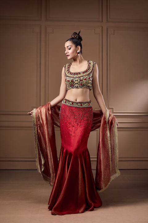 Swaroski Statement Choli With Goitted Lehenga And Dupatta