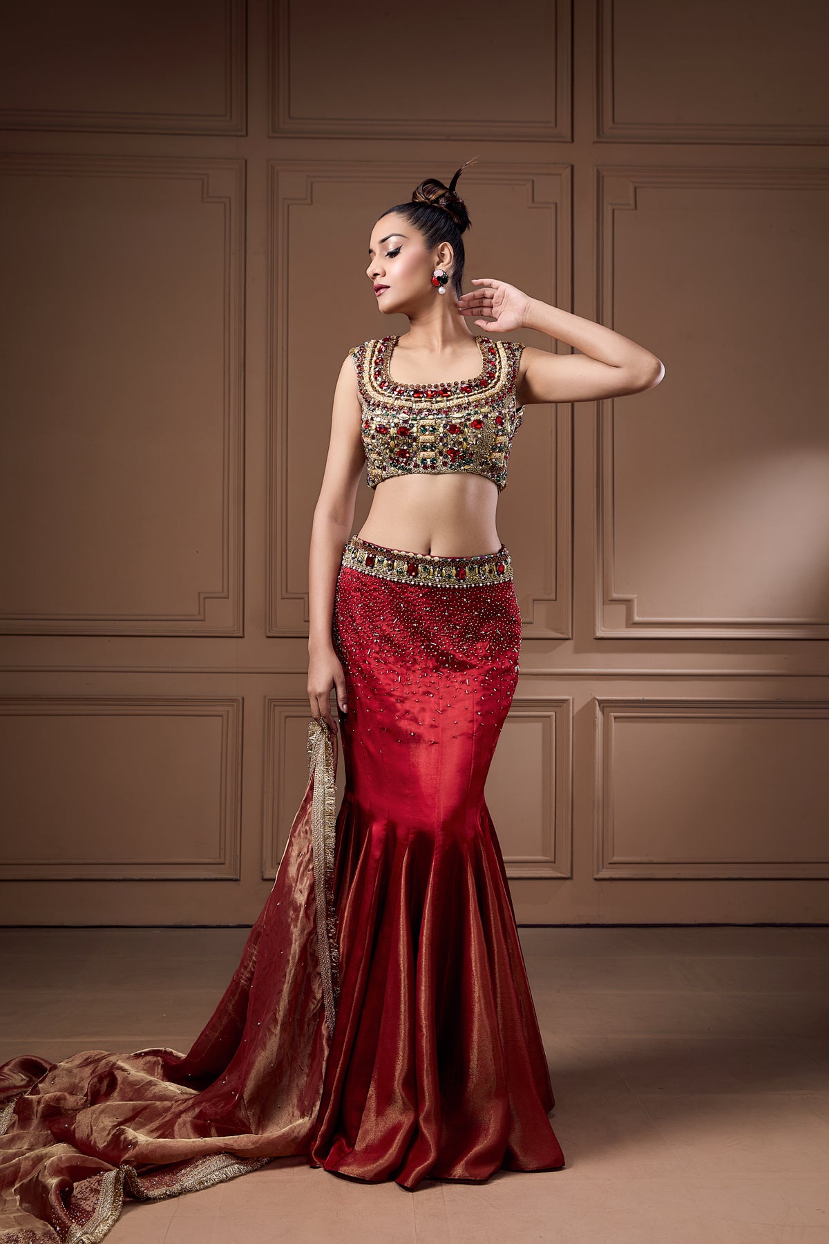 Swaroski Statement Choli With Goitted Lehenga And Dupatta