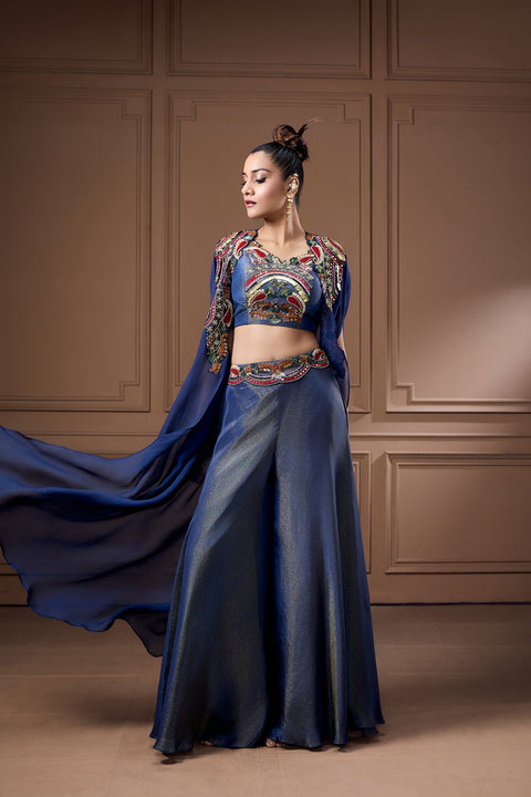 Quirky Coin Embellished Bustier With Cape And Palazzo Set