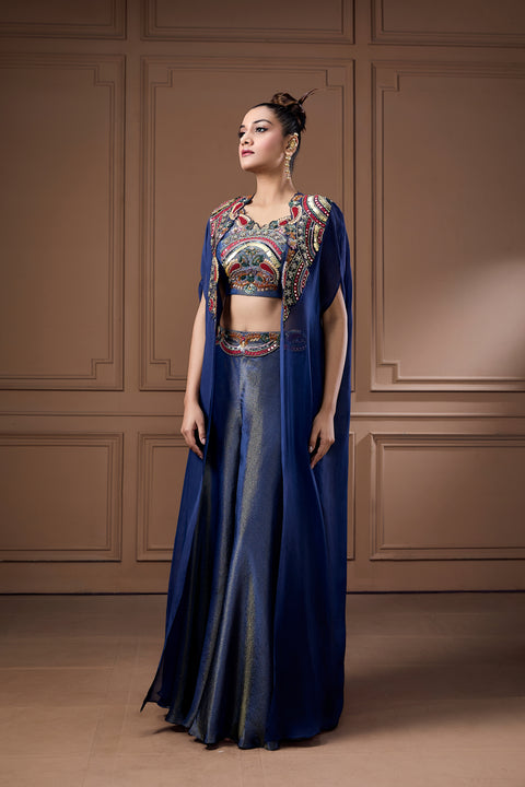 Quirky Coin Embellished Bustier With Cape And Palazzo Set