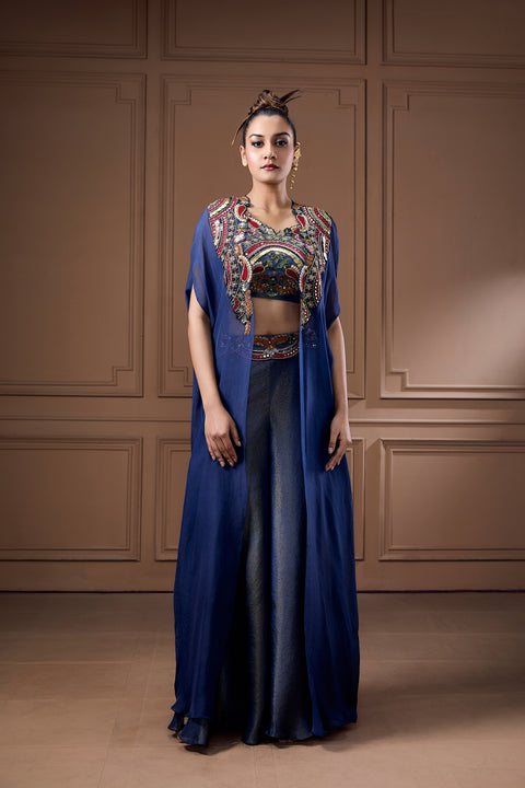 Quirky Coin Embellished Bustier With Cape And Palazzo Set