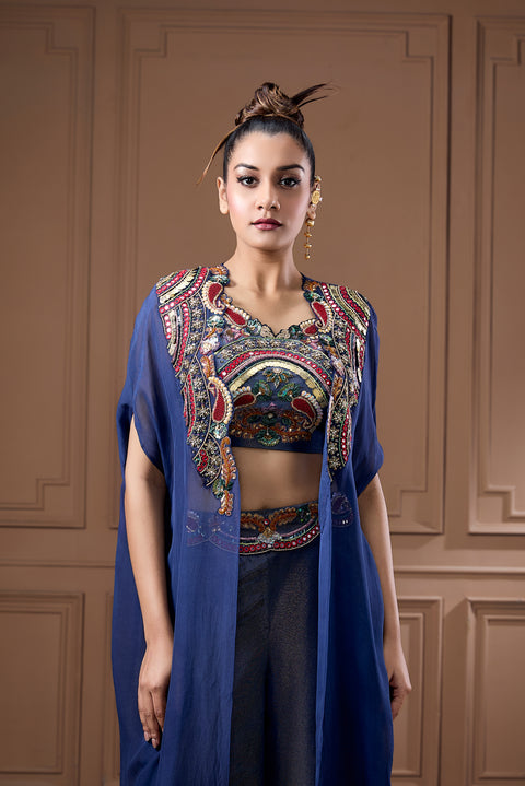 Quirky Coin Embellished Bustier With Cape And Palazzo Set