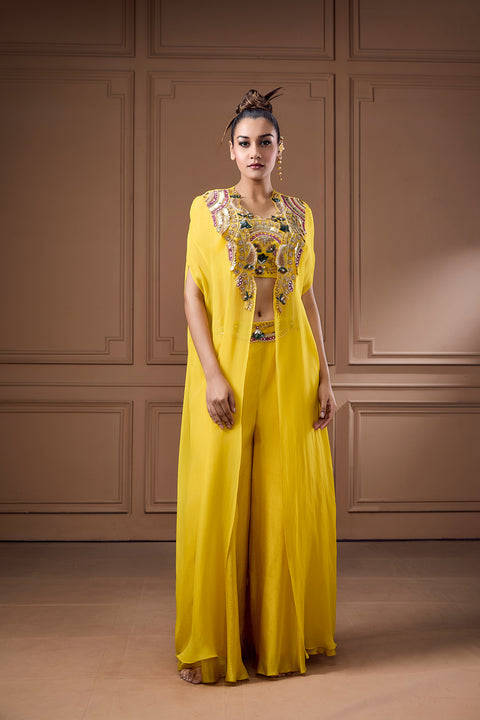Quirky Coin Embellished Bustier With Cape And Palazzo Set