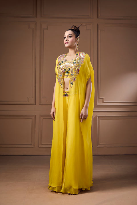 Quirky Coin Embellished Bustier With Cape And Palazzo Set