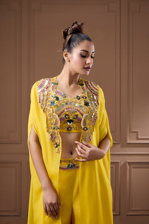 Quirky Coin Embellished Bustier With Cape And Palazzo Set