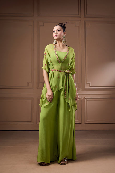 Embellished Assymetric Shrug With Bustier And Palazzo With Belt